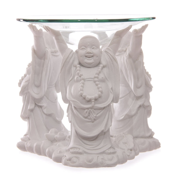 White Laughing Buddha Oil and Wax Burner with Glass Dish