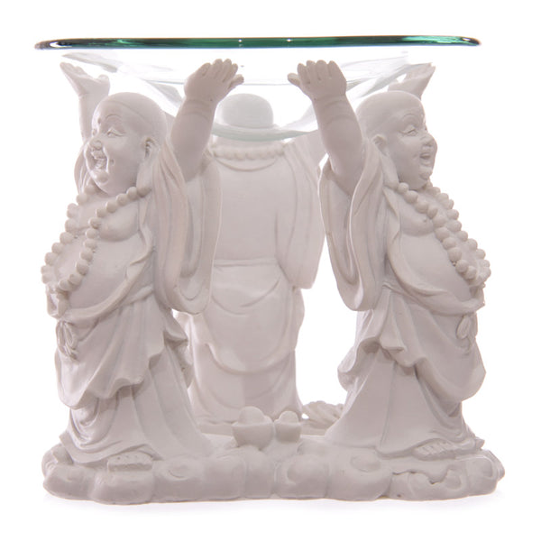 White Laughing Buddha Oil and Wax Burner with Glass Dish